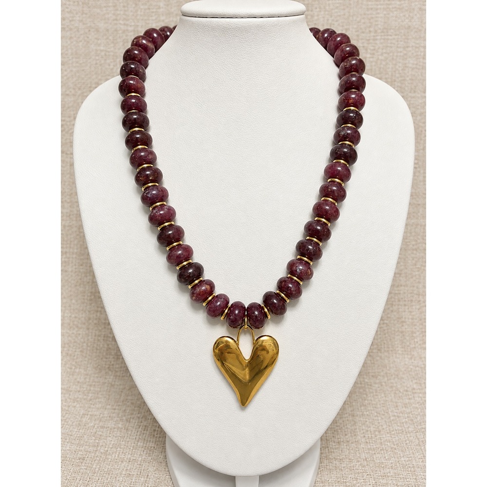 Burgundy Jade Beaded Necklace Gold Heart Pendant Chunky Statement
